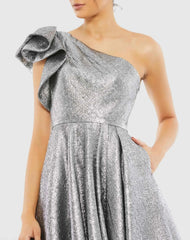 Silver One Shoulder Bow Midi Dress With Pockets