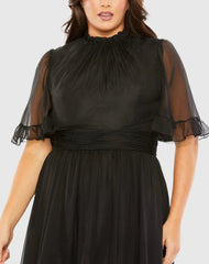 Black Ruffle Tiered High Low Flutter Sleeve Gown (Plus)
