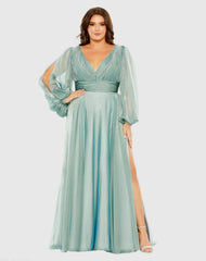 Blue Puff Sleeve w/ Embellished Cuff V Neck A Line Gown (Plus)