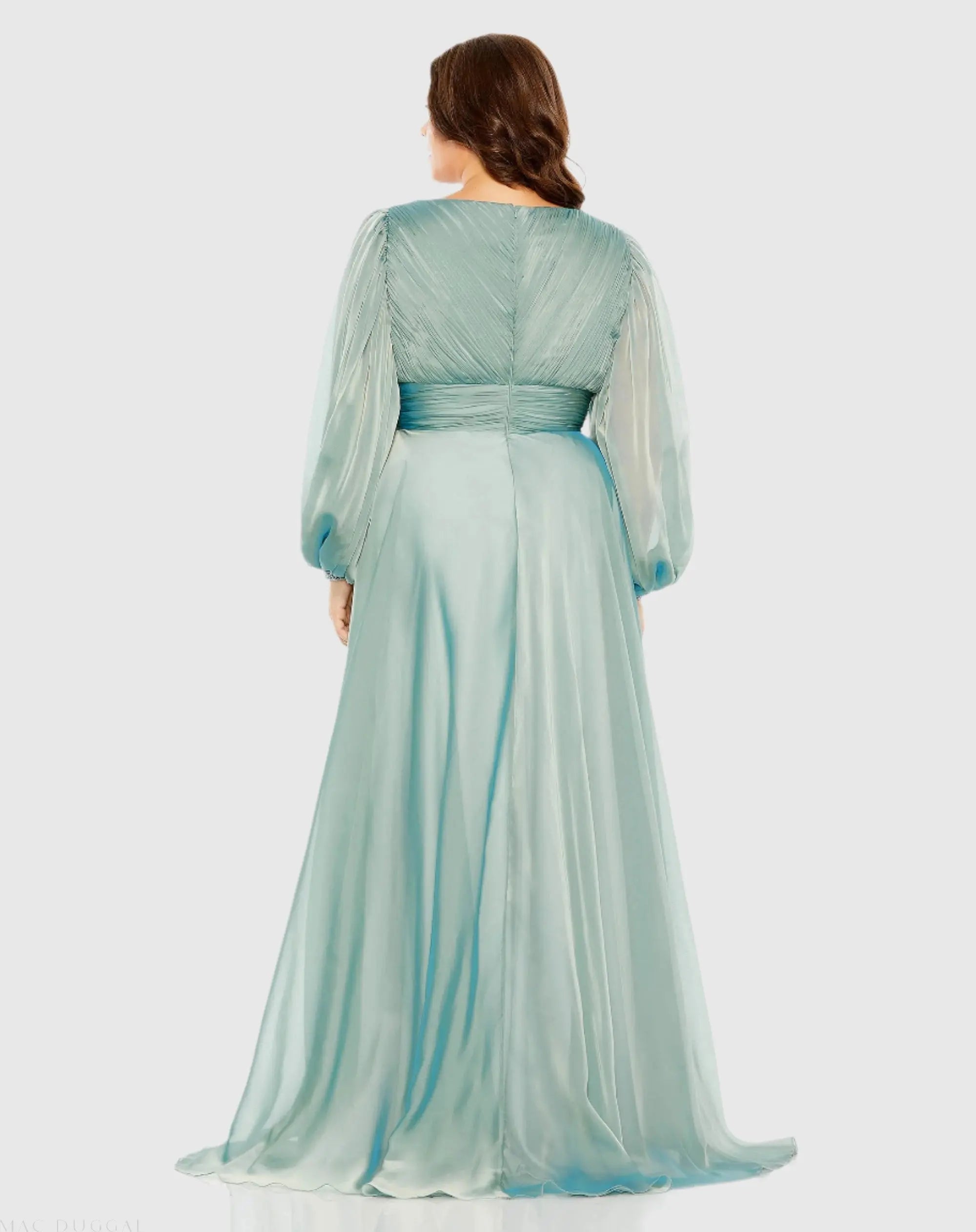 Blue Puff Sleeve w/ Embellished Cuff V Neck A Line Gown (Plus)