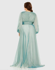 Blue Puff Sleeve w/ Embellished Cuff V Neck A Line Gown (Plus)