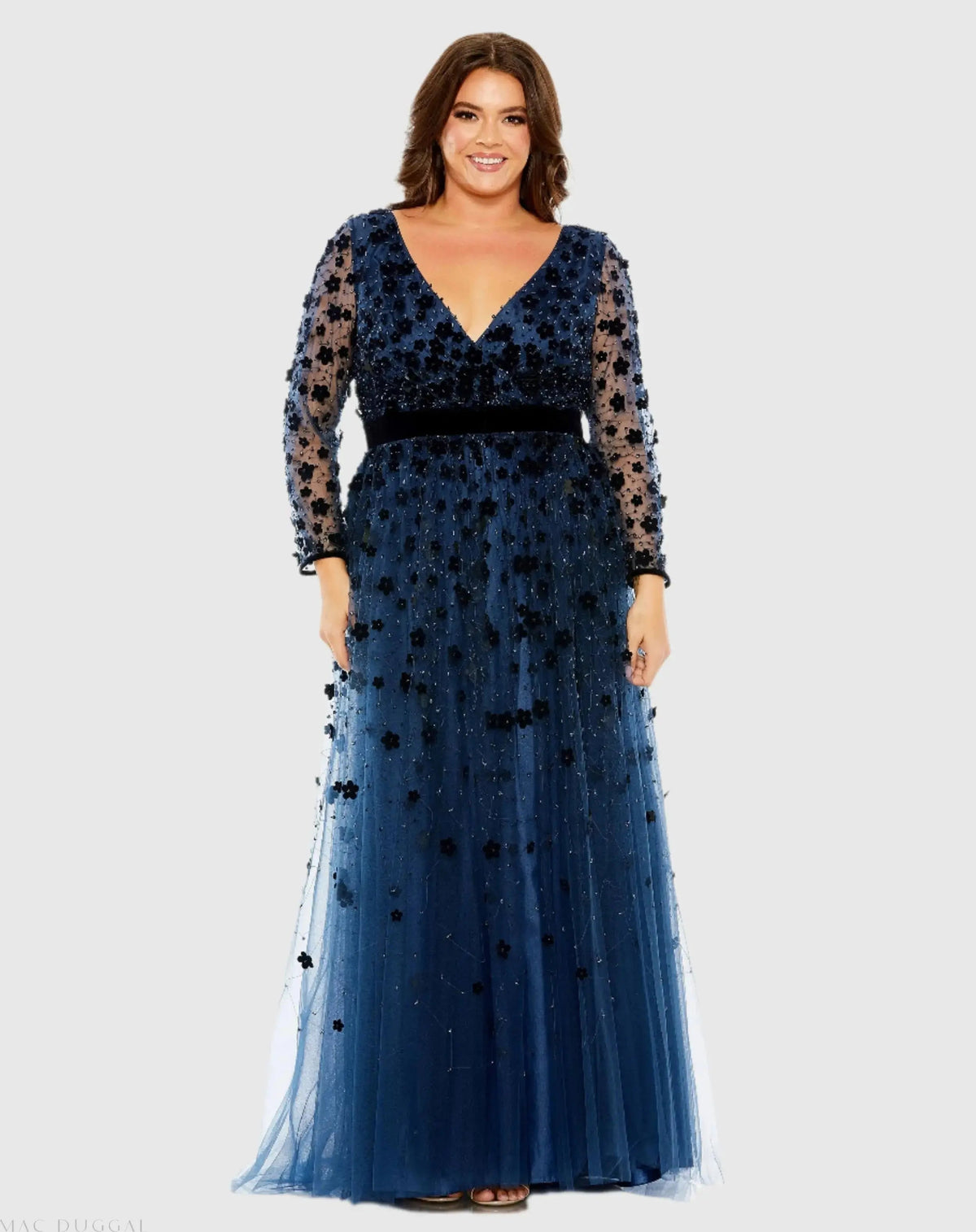 Navy Velvet Floral Applique Long Sleeve A Line Gown (Plus)