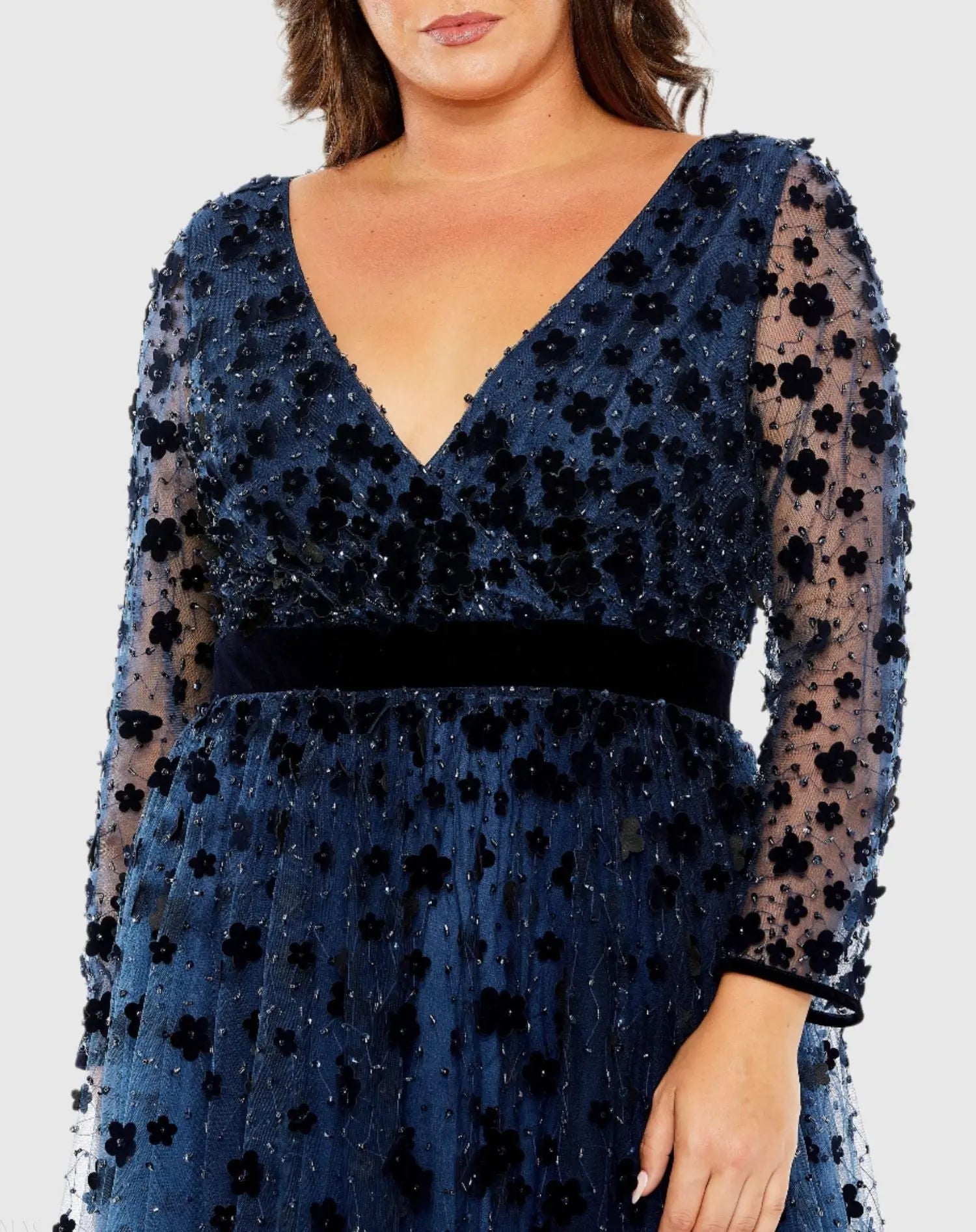 Navy Velvet Floral Applique Long Sleeve A Line Gown (Plus)