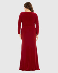 Red Long Sleeve V-Neck Faux Wrap Gown (Plus)