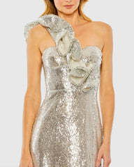 Silver Sequin Ruffled One Shoulder Gown