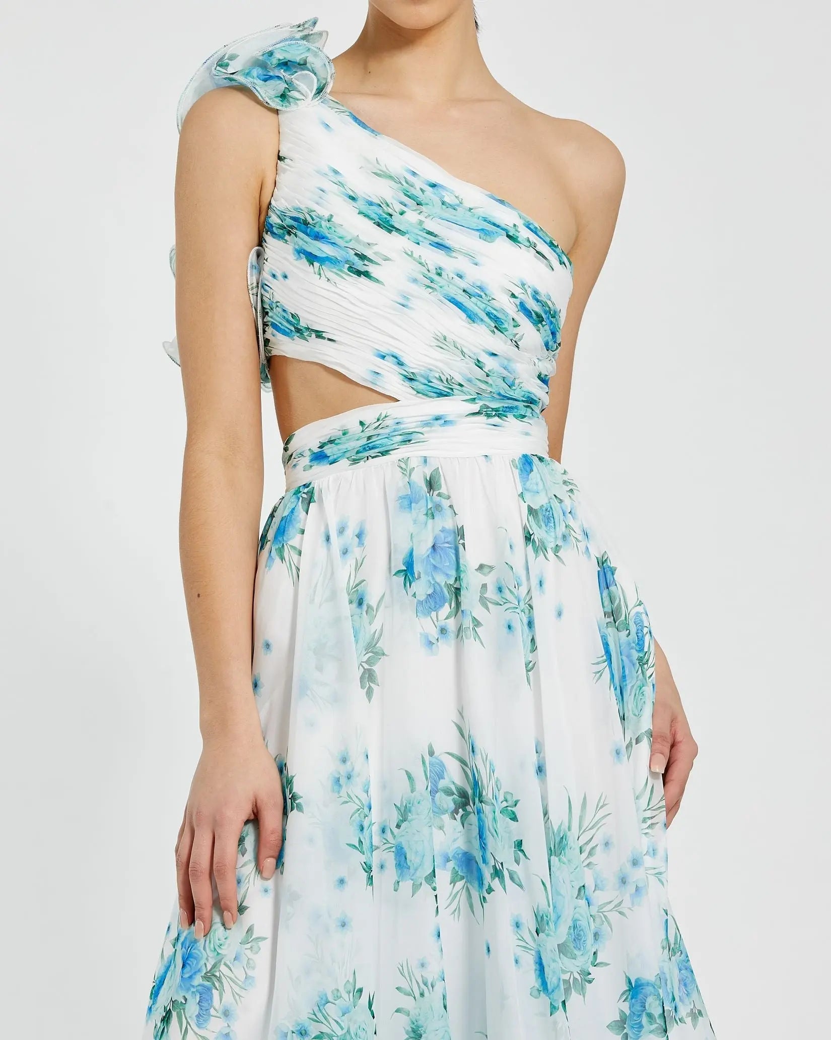 White One Shoulder Ruffle Cut-Out Chiffon Midi Dress