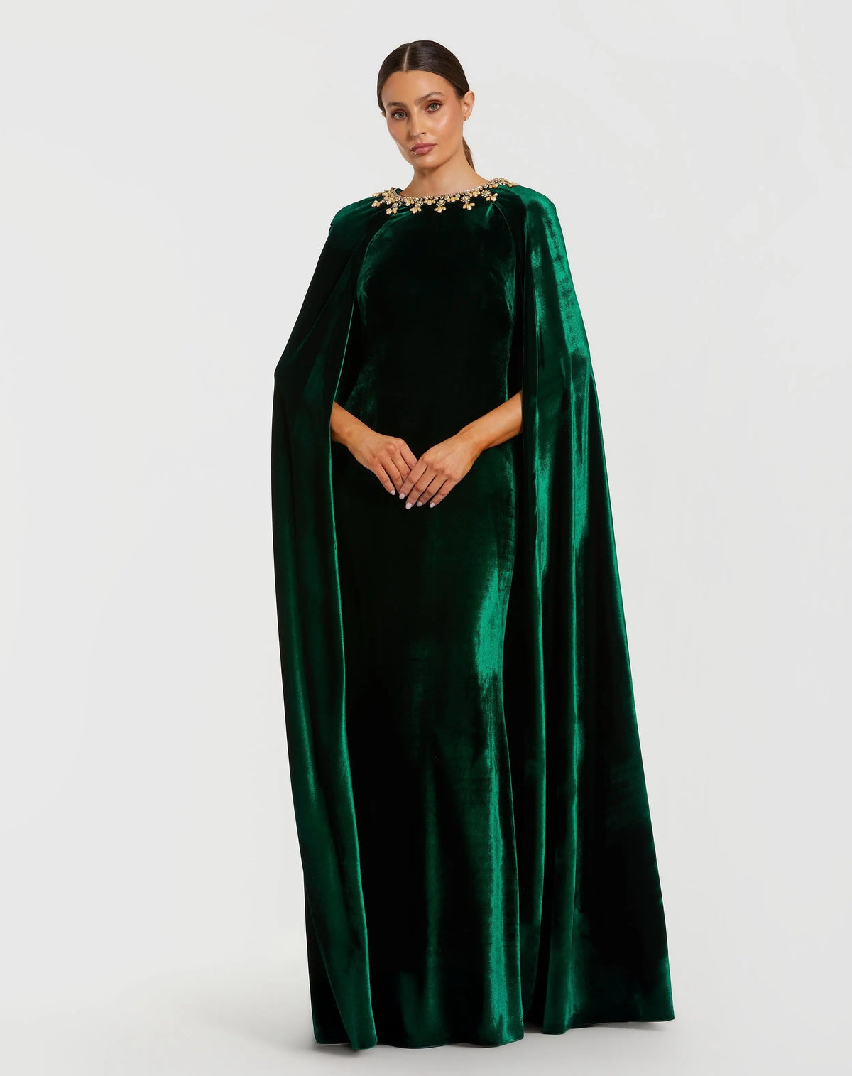 Dark Green Velvet Cape Gown With Embellished Neckline