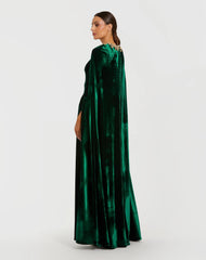 Dark Green Velvet Cape Gown With Embellished Neckline