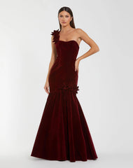 Dark Red Velvet One Shoulder Trumpet Gown With Flowers
