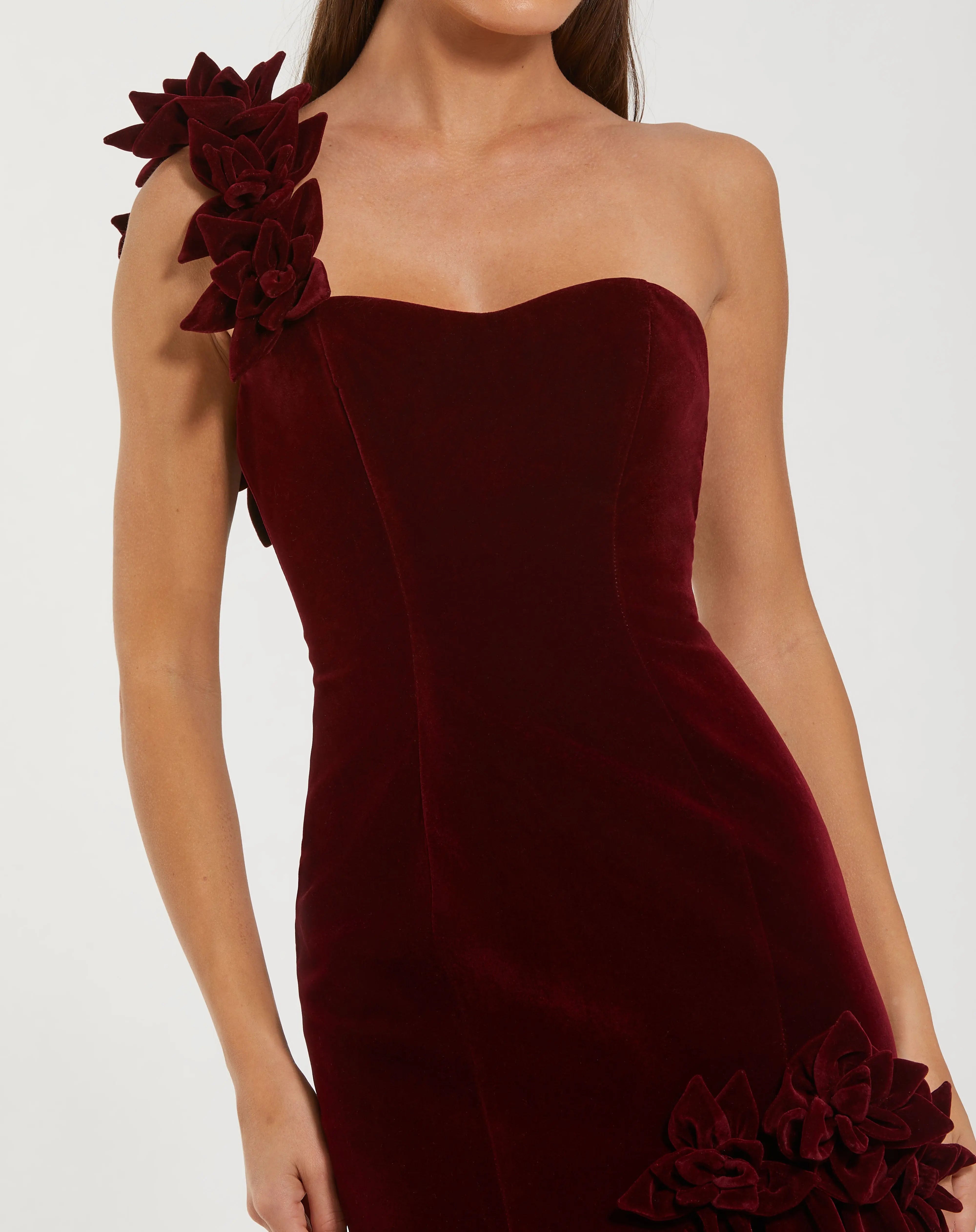 Dark Red Velvet One Shoulder Trumpet Gown With Flowers