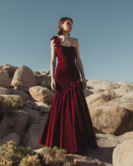 Dark Red Velvet One Shoulder Trumpet Gown With Flowers