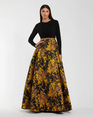 Black Long Sleeve Floral Brocade Ball Gown