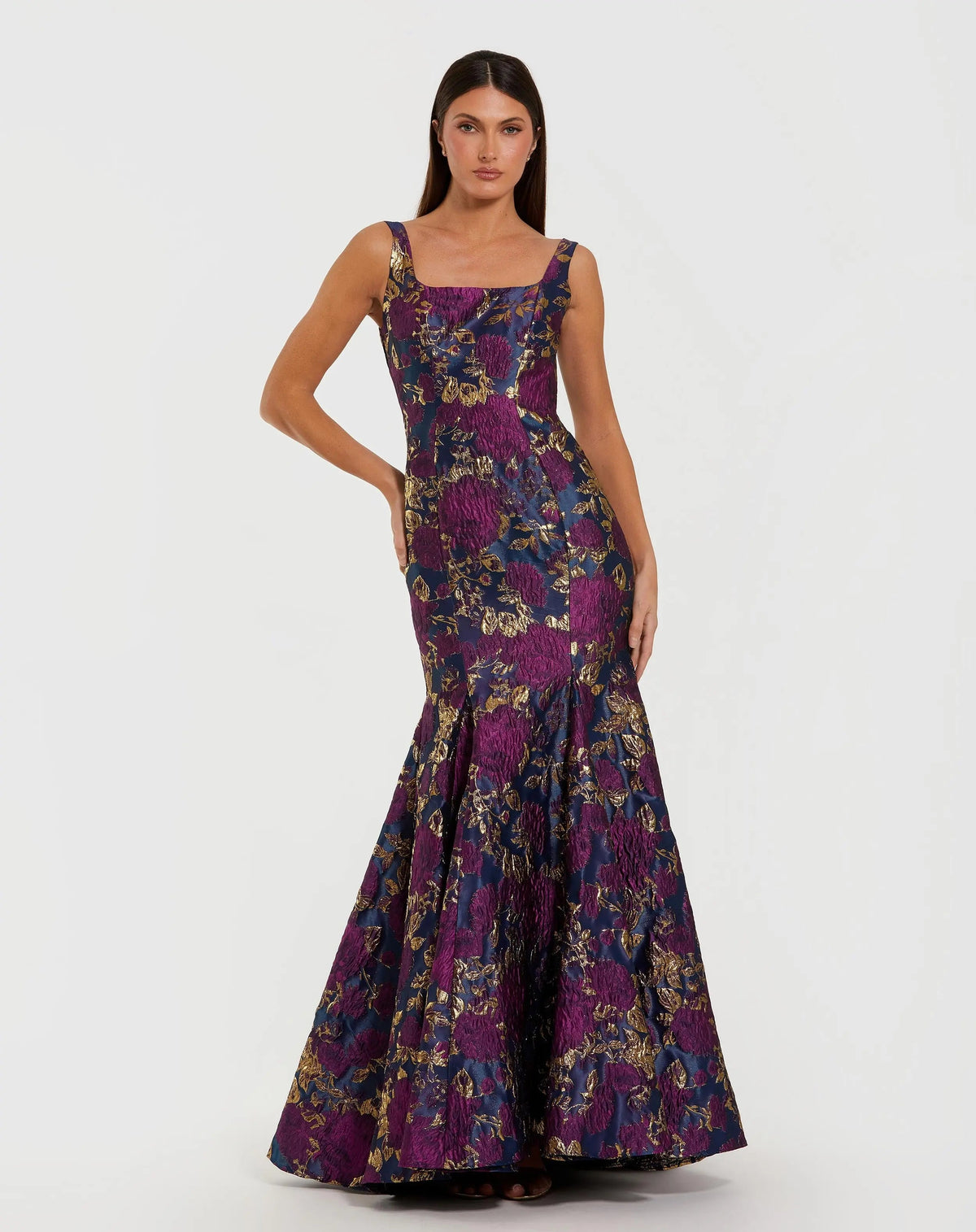Navy Multicolor Sleeveless Brocade Trumpet Gown