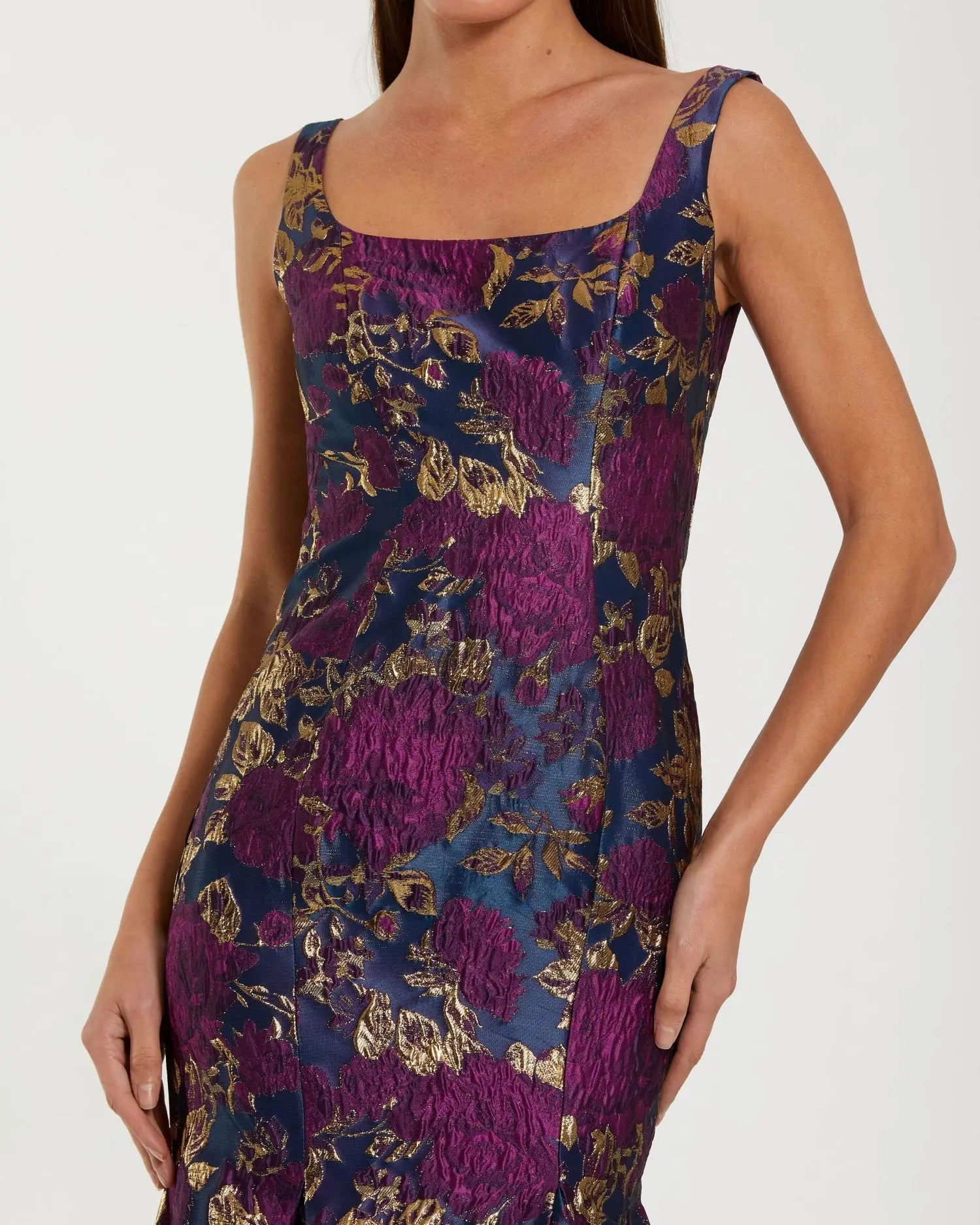 Navy Multicolor Sleeveless Brocade Trumpet Gown
