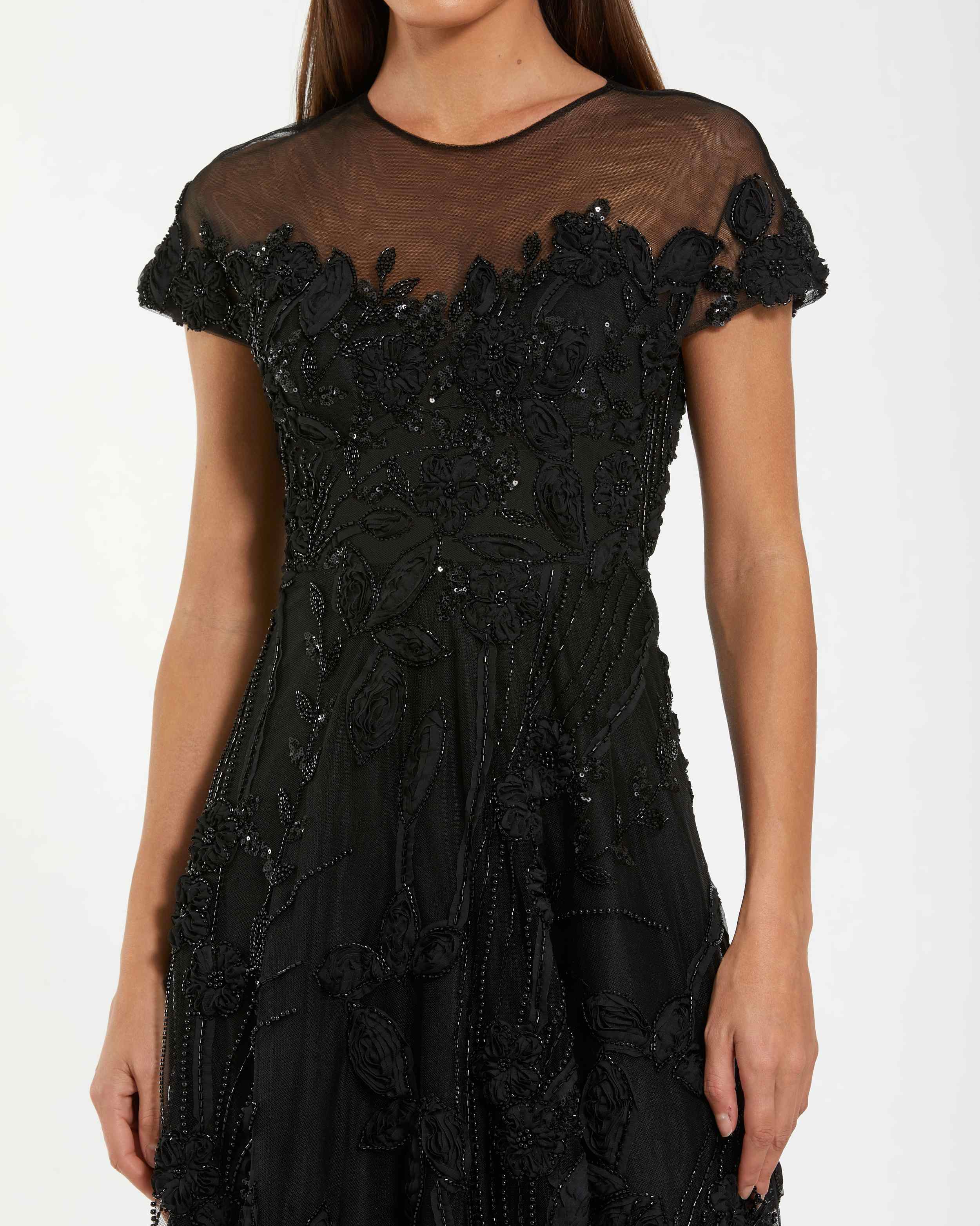 Black Embellished Lace Illusion Neck A-Line Midi Dress
