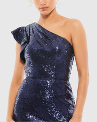 Navy Sequined Flutter One Shoulder Fitted Midi Dress