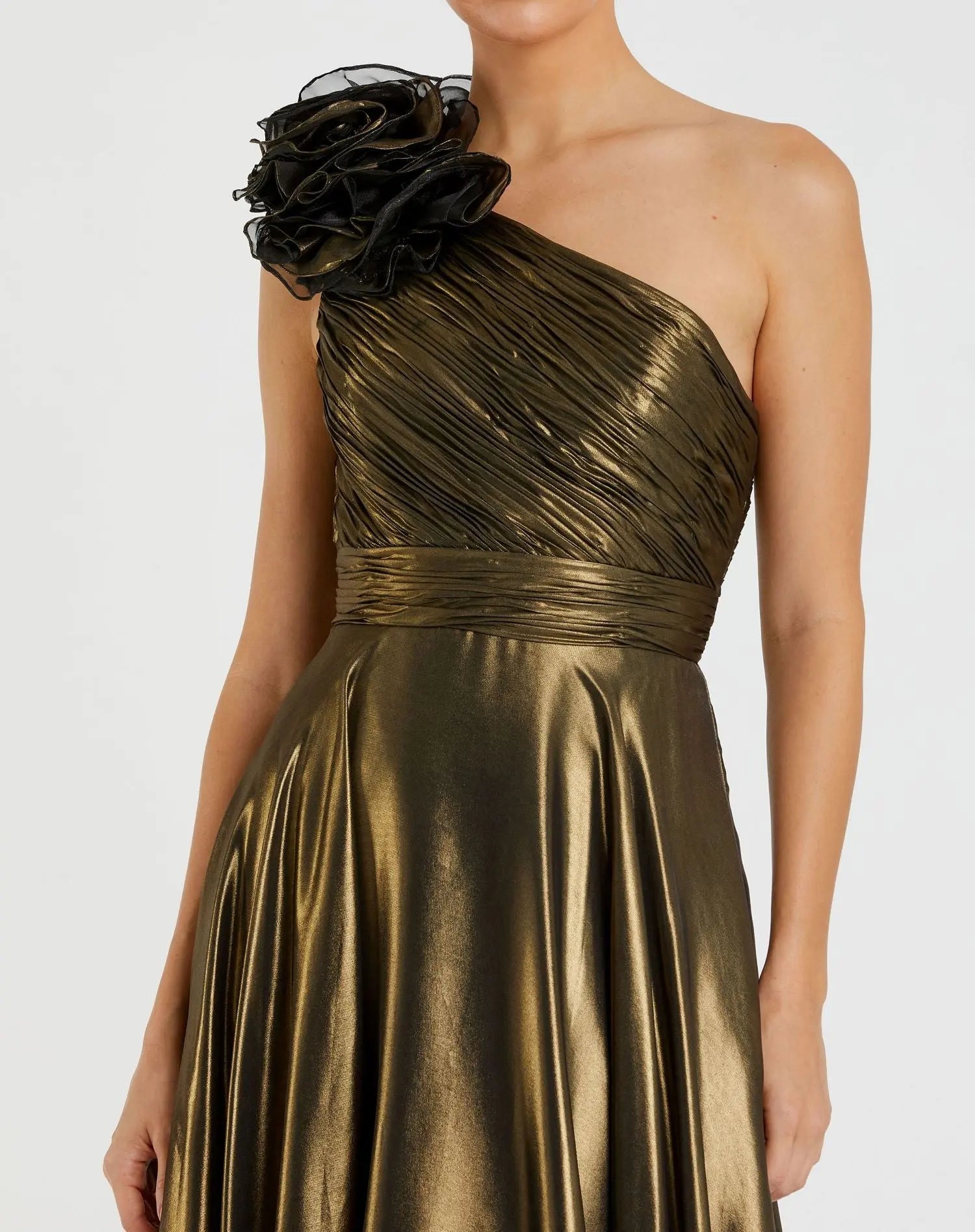 Gold Rosette One Shoulder Tea Length Dress