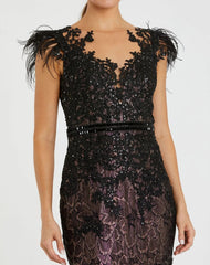 Black Embellished Feather Cap Sleeve Illusion Neck Trumpet Gown