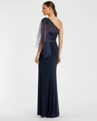 Navy Embellished One Shoulder Draped Gown
