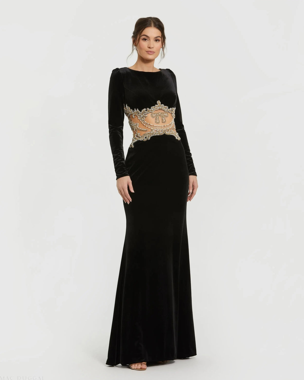 Black Long Sleeve Sheer Embellished Velvet Gown