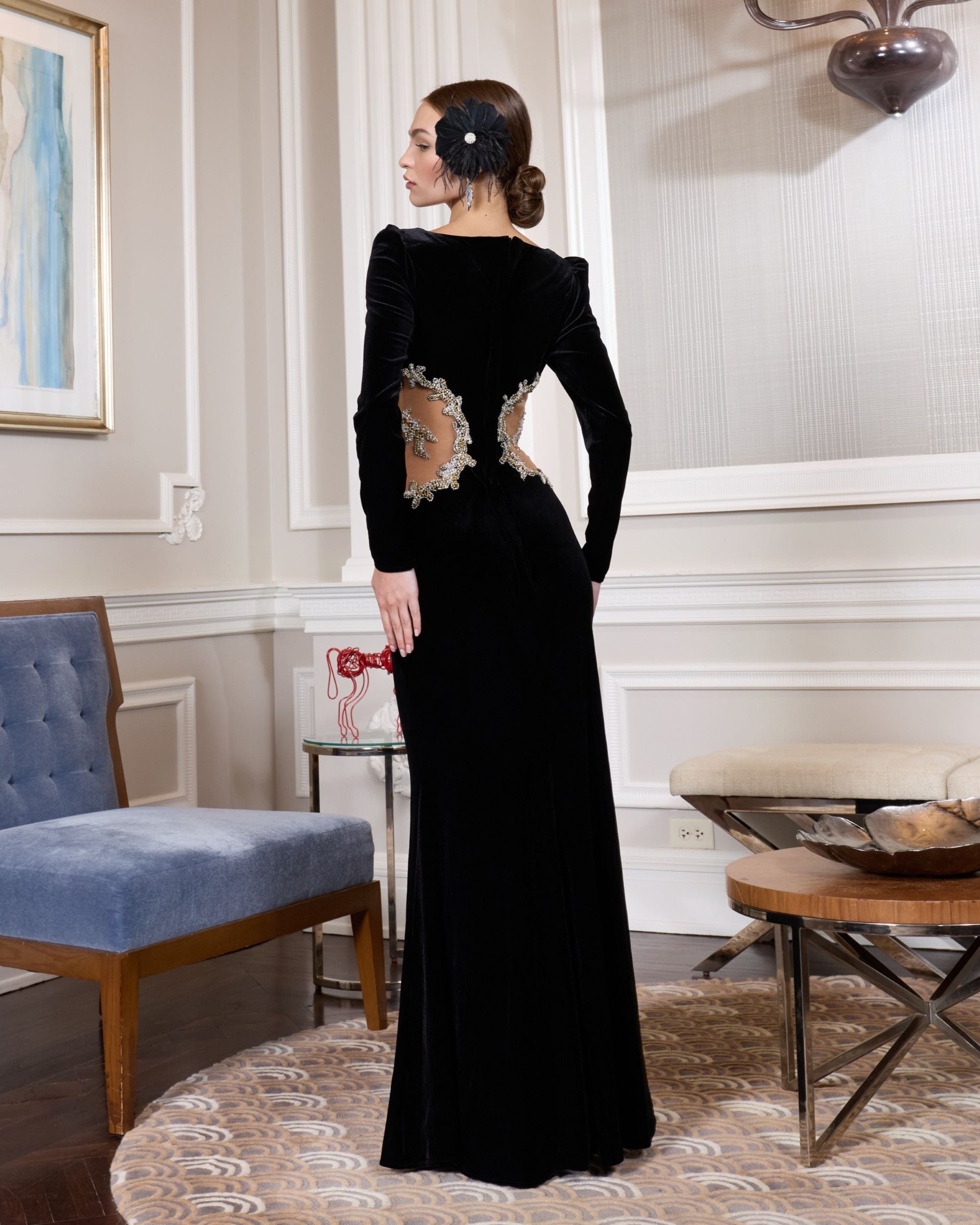 Black Long Sleeve Sheer Embellished Velvet Gown