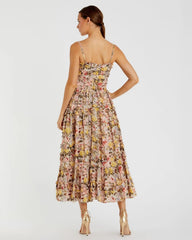Beige Floral Print Ruffle Tiered Midi Dress