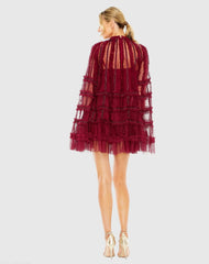 Red High Neck Ruffle Bell Sleeve Trapeze Dress