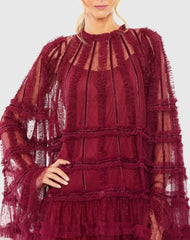 Red High Neck Ruffle Bell Sleeve Trapeze Dress
