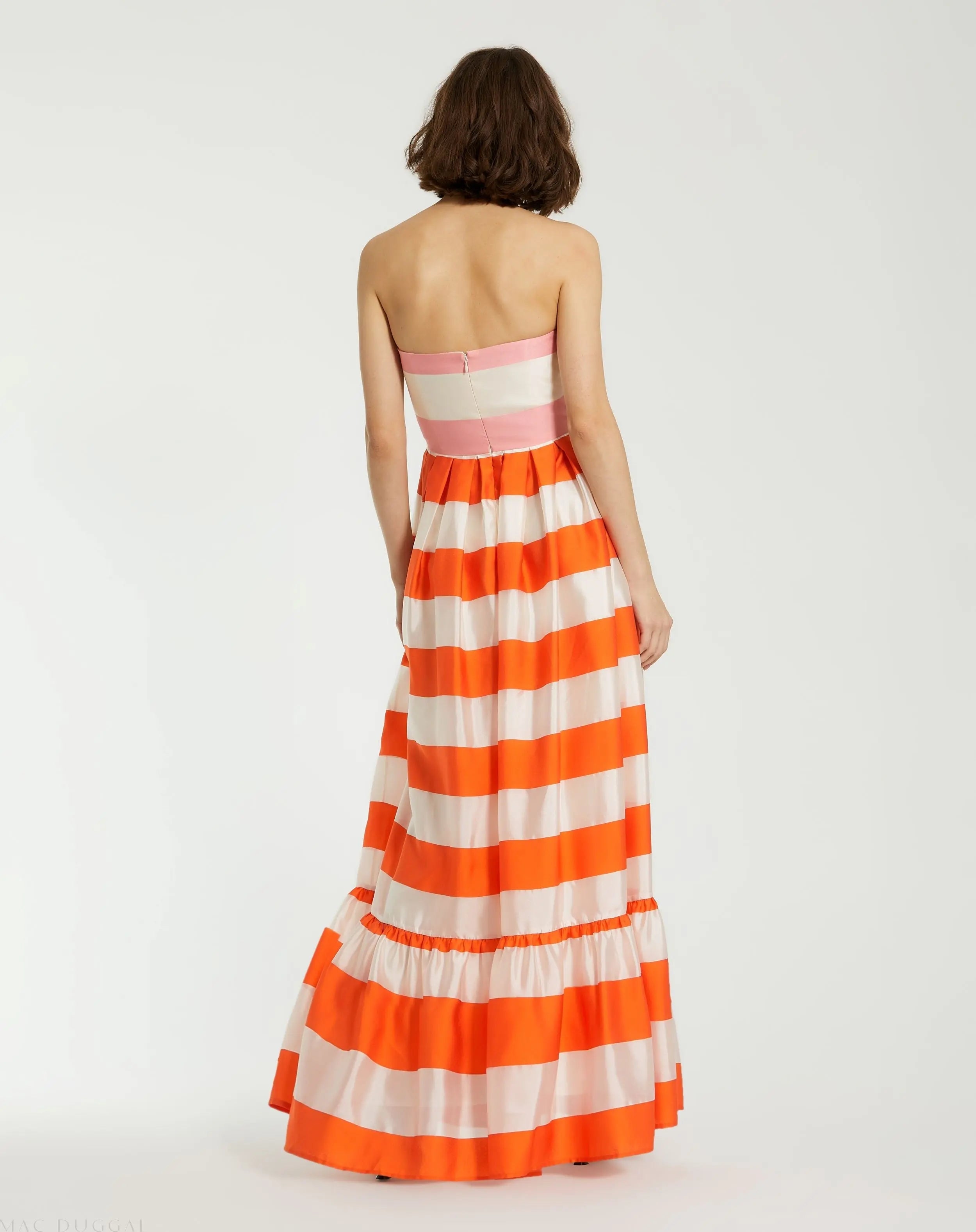 Multicolor Striped Organza Strapless Ruffle Maxi Dress