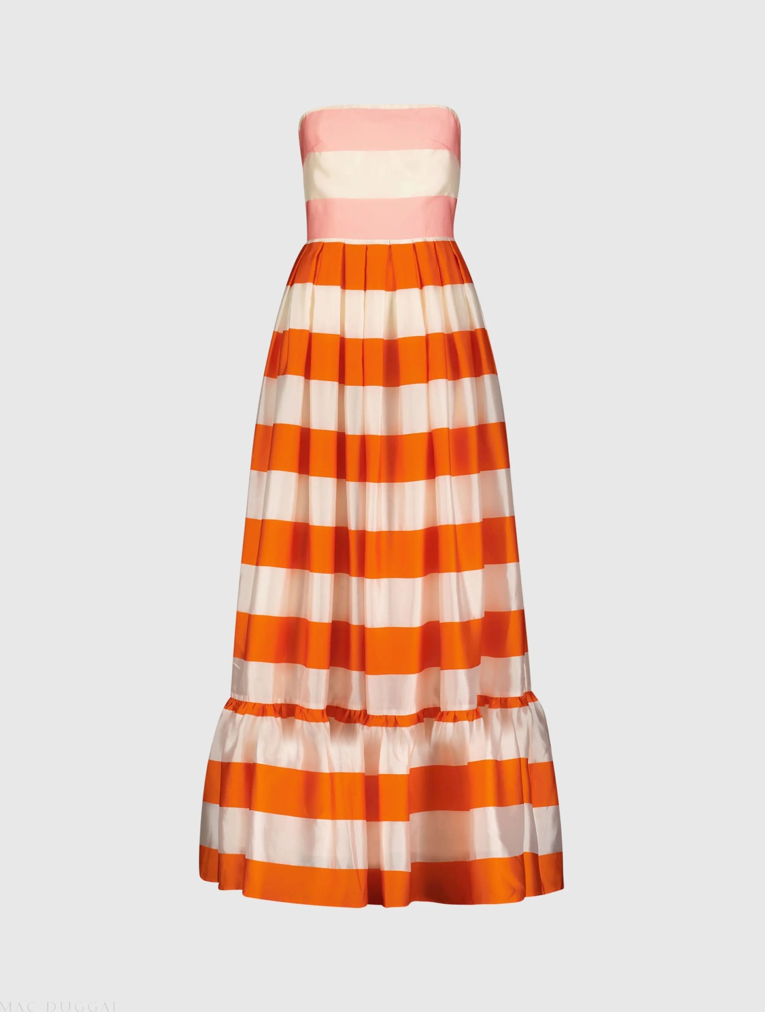 Multicolor Striped Organza Strapless Ruffle Maxi Dress