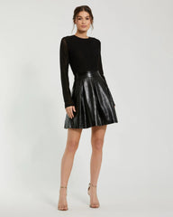 Black Mesh And Leather Long Sleeve A Line Mini Dress