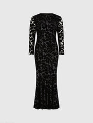 Black Burnout Velvet Long Sleeve Midi Dress