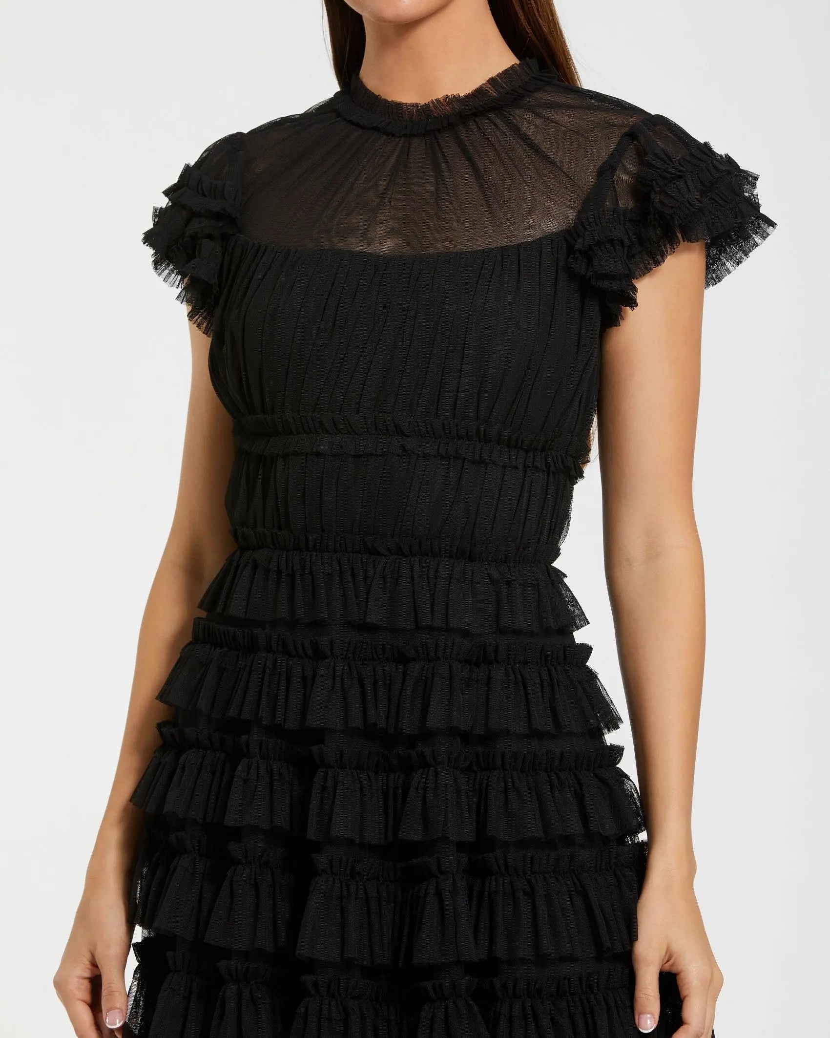 Black Ruffle High Neck Cap Sleeve Midi Dress