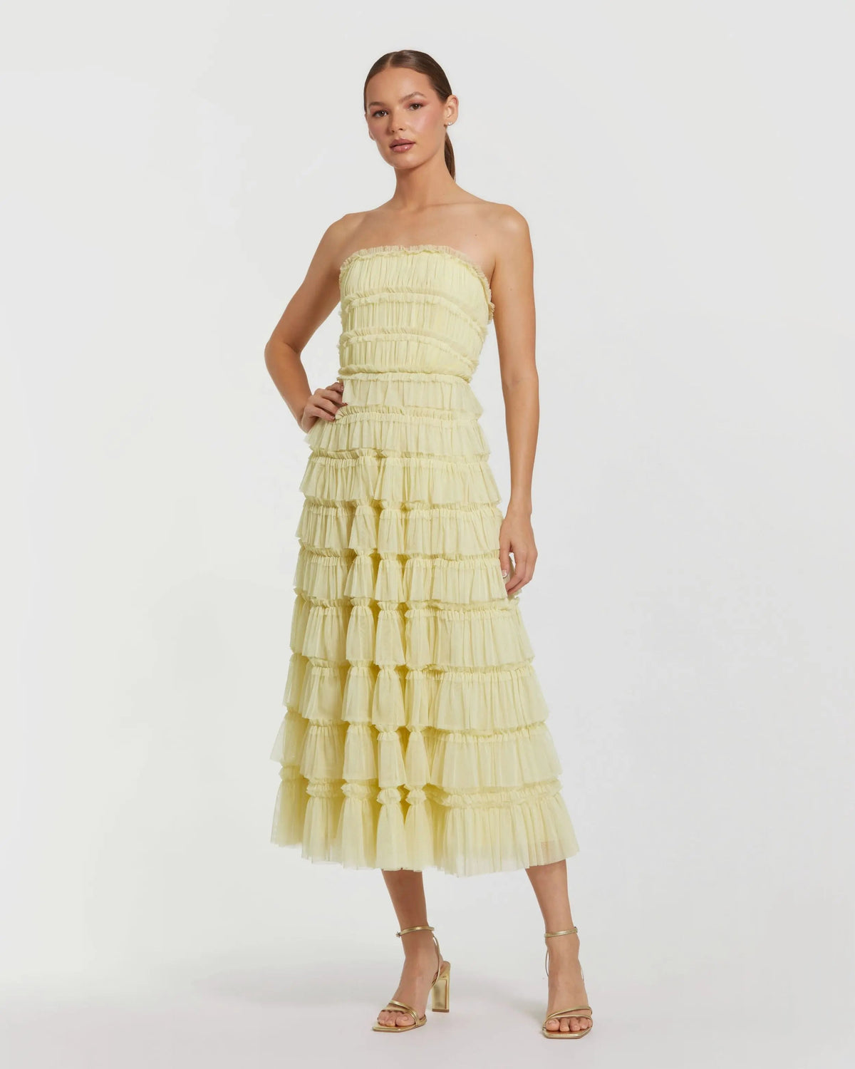Yellow Mesh Micro Ruffle Strapless Midi Dress