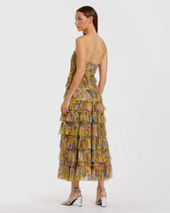 Yellow Floral Strapless Ruffle Maxi Dress