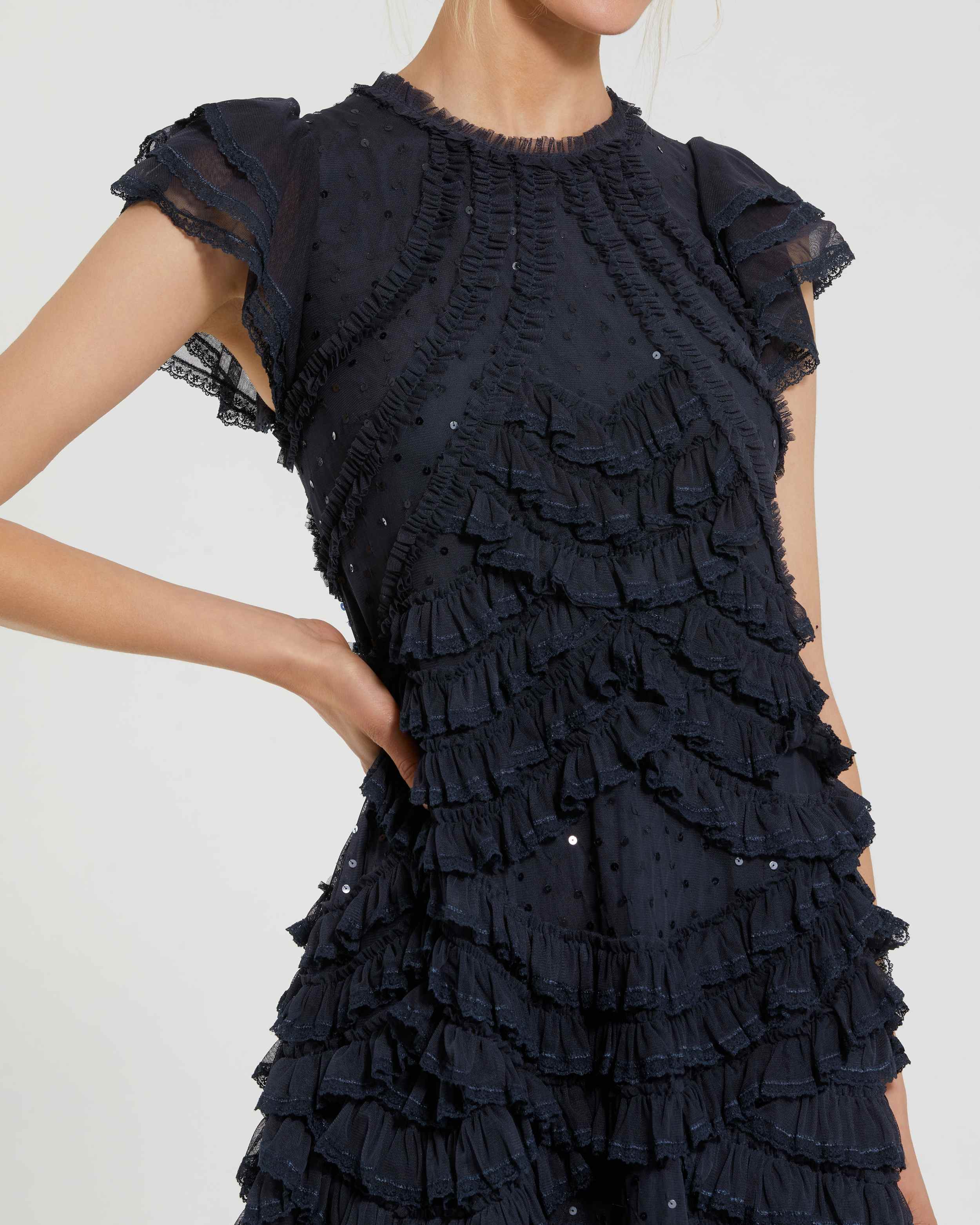 Navy High Neck Cap Sleeve Micro Ruffle Midi Dress