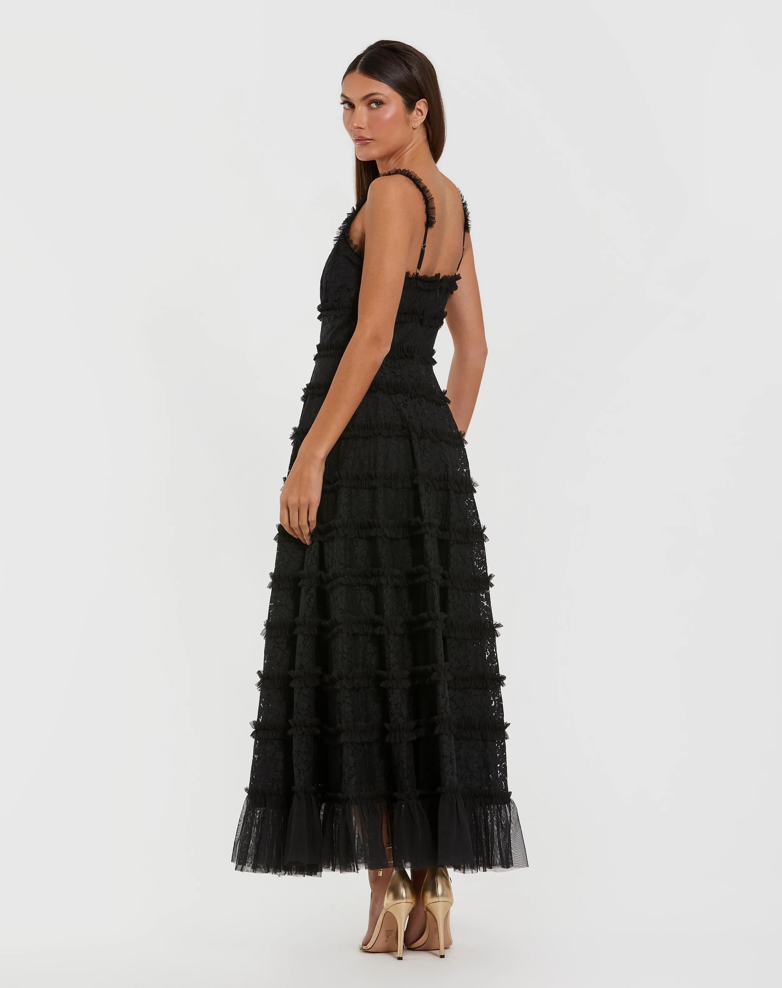 Black Sleeveless Lace A Line Midi Dress With Ruffles