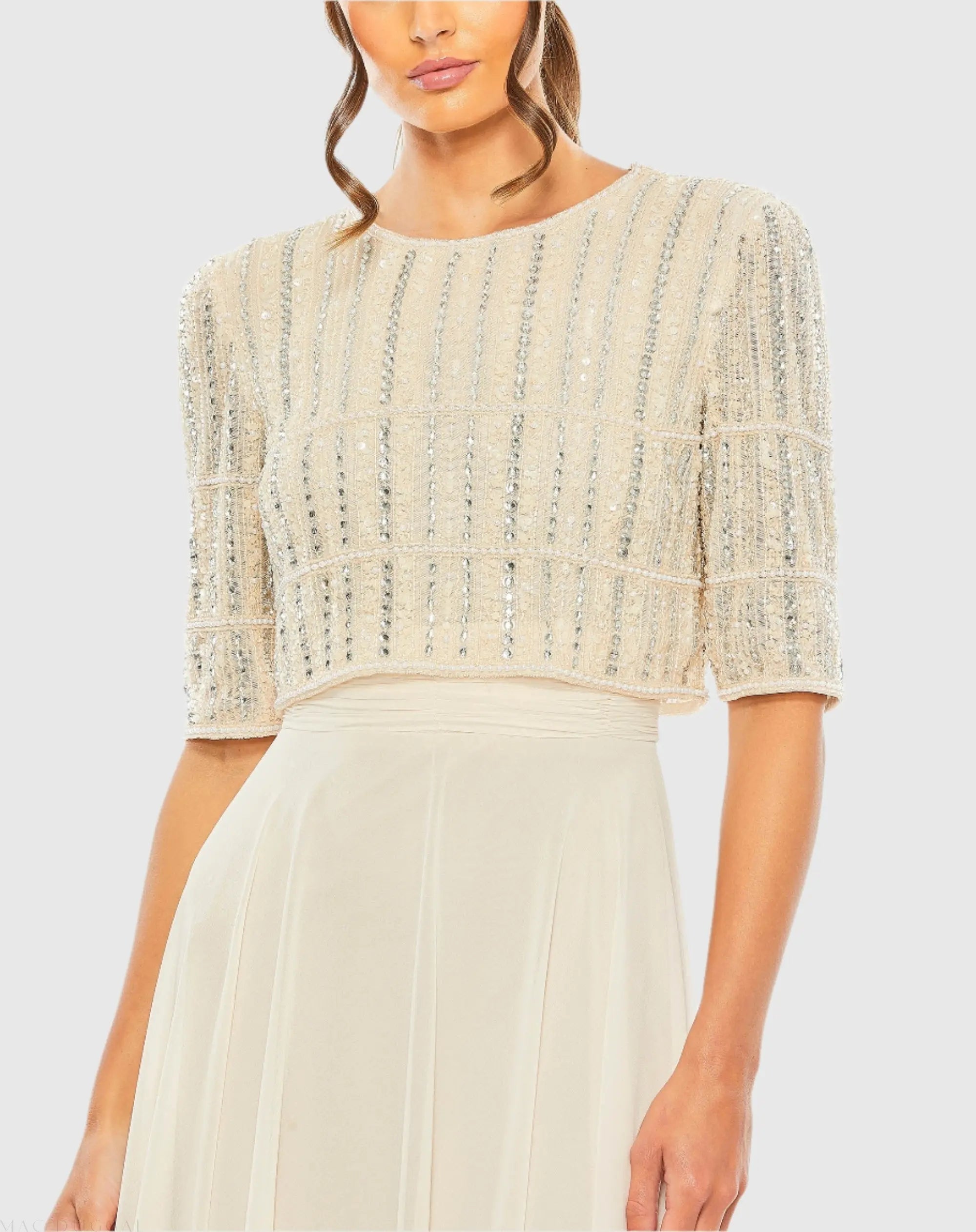 Beige Chiffon Gown w/ Fully Beaded 3/4 Sleeve Top