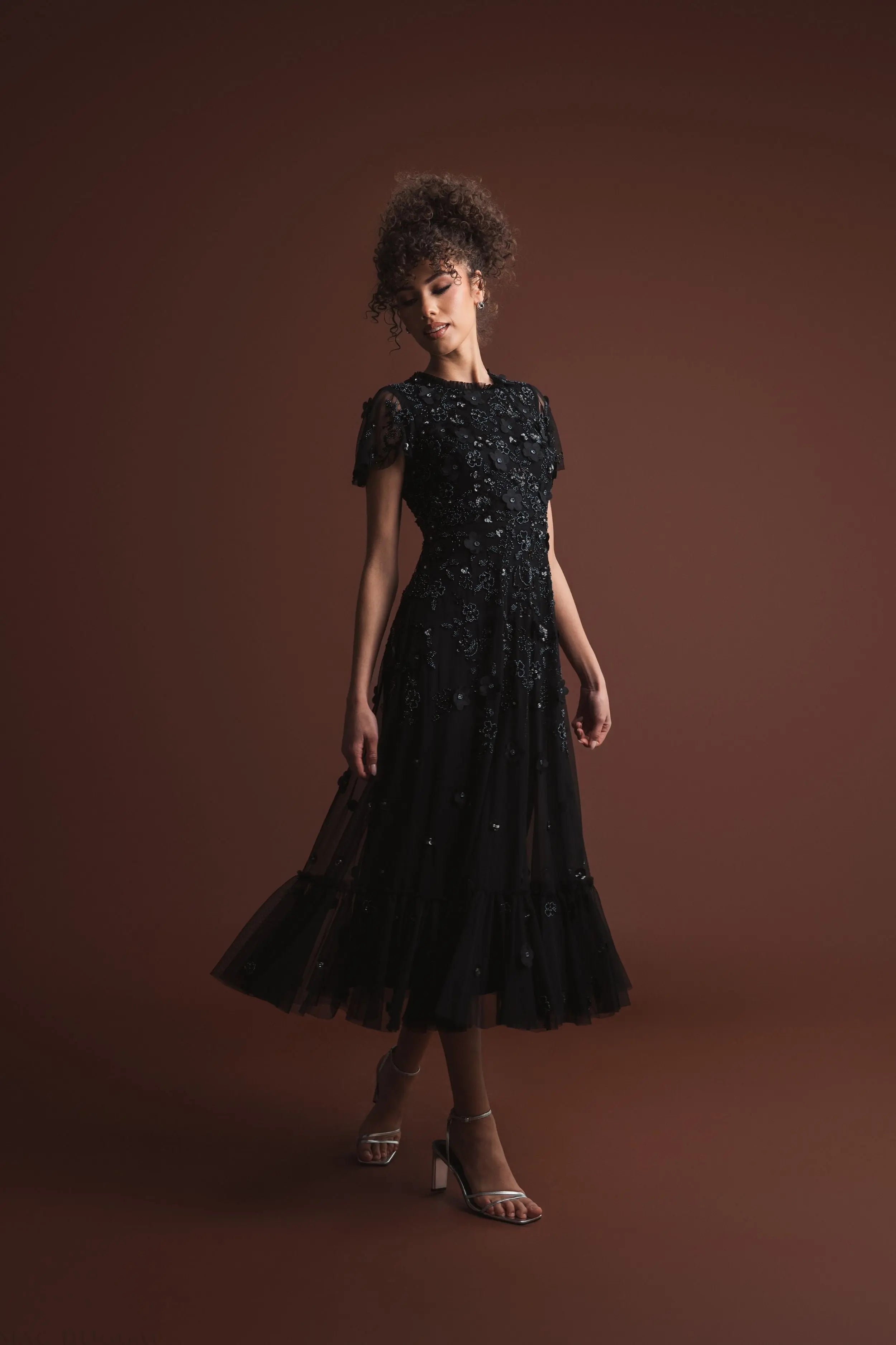 Black Embellished High Neck Flutter Sleeve A Line Dress