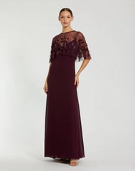Burgundy Sleeveless Gown With Embellished Cape