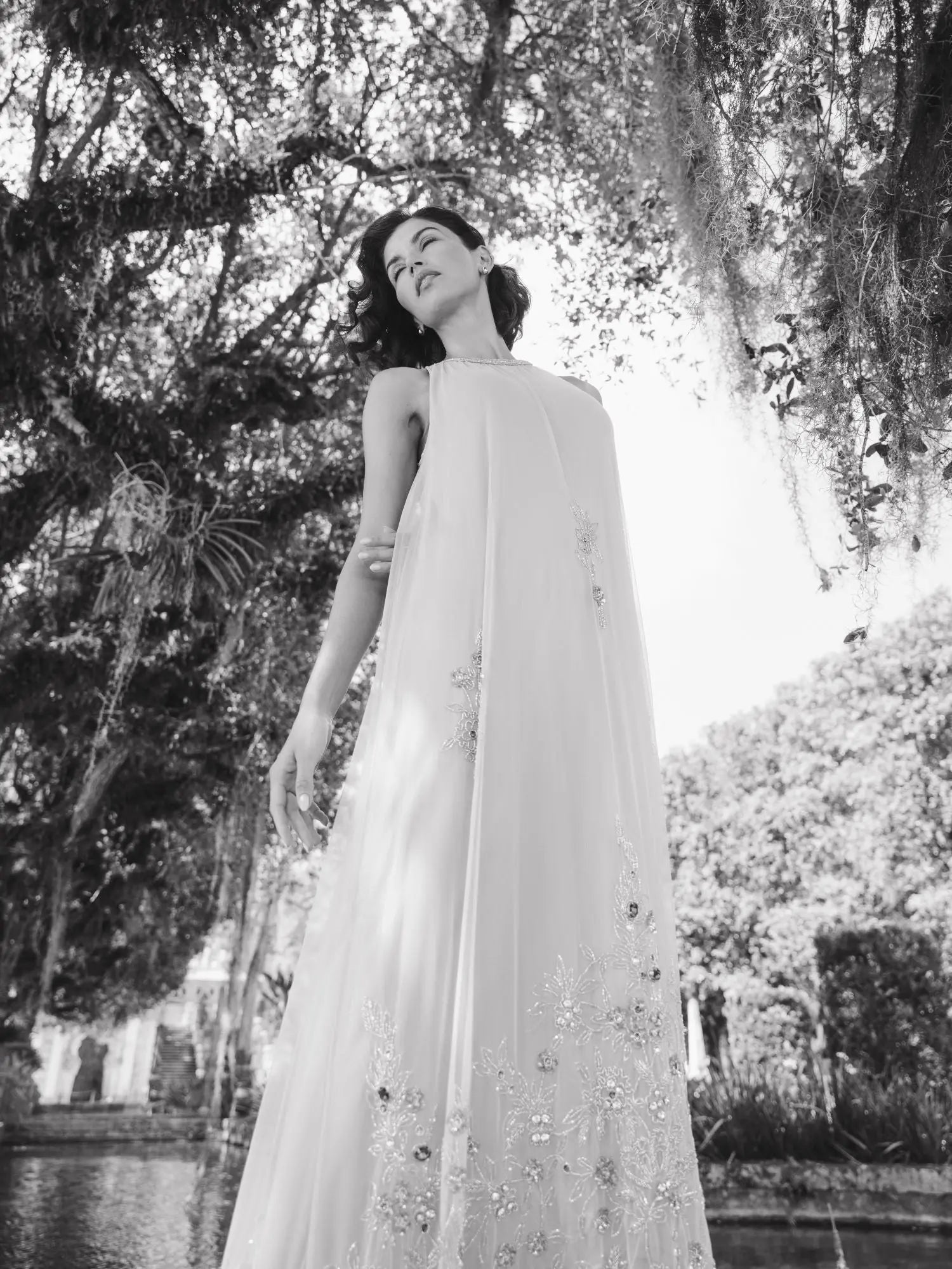 Beige High Neck Floral Embellished Trapeze Gown