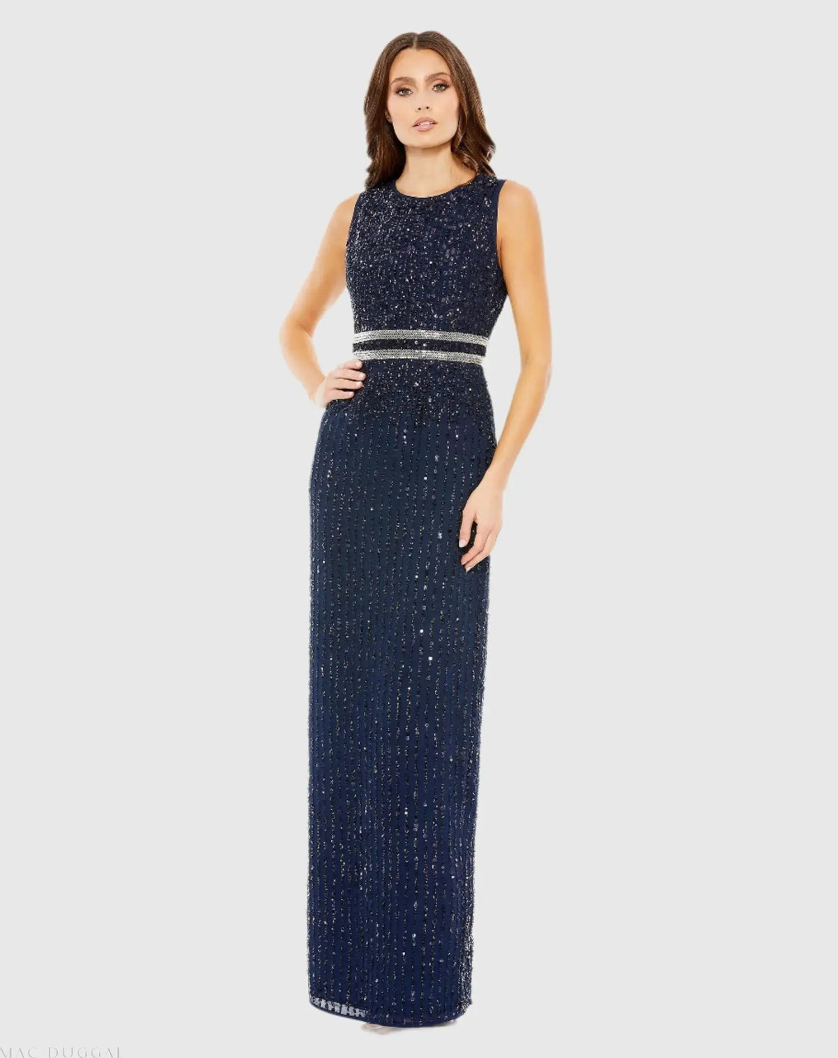 Navy Sequined High Neck Sleeveless Column Gown