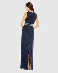 Navy Sequined High Neck Sleeveless Column Gown