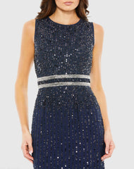 Navy Sequined High Neck Sleeveless Column Gown