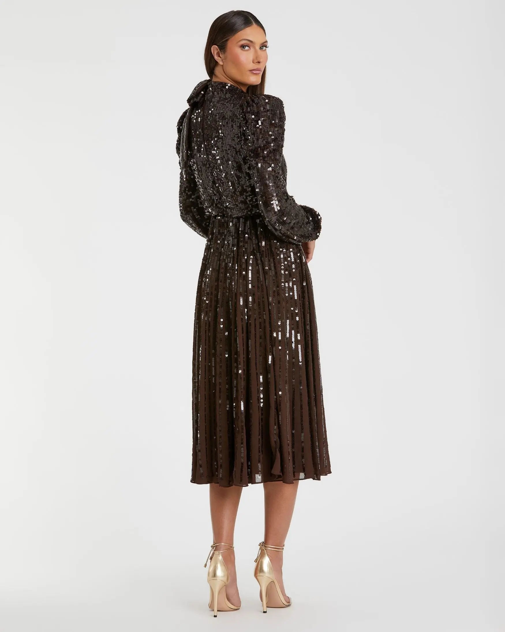 Brown Long Sleeve Sequin Tea Length Dress