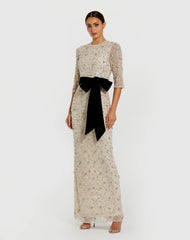 Ivory Embellished Evening Gown with Velvet Bow