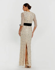Ivory Embellished Evening Gown with Velvet Bow
