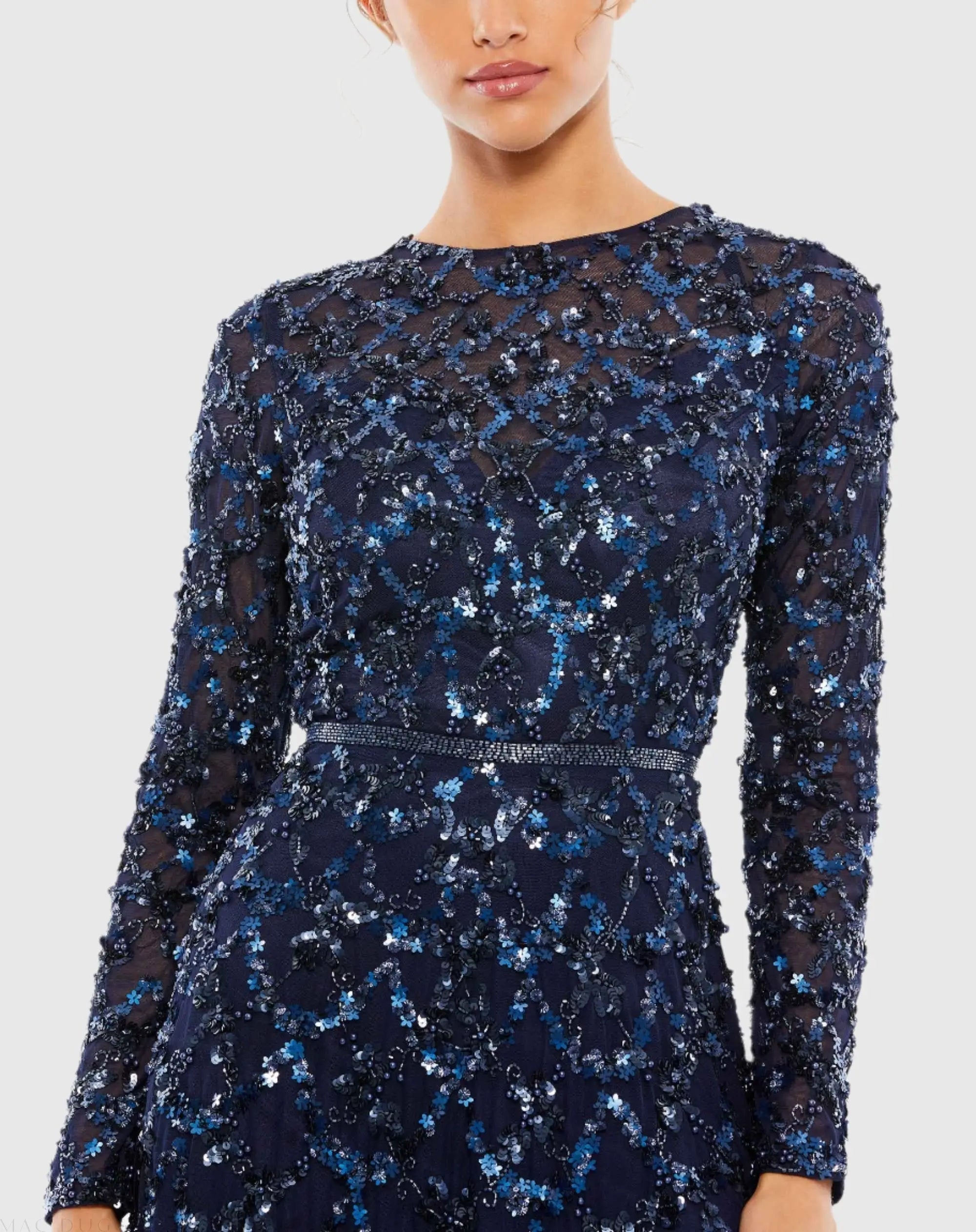 Navy Embellished Illusion High Neck Long Sleeve A Line Gown