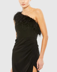 Black Feather Trim One Shoulder Draped Dress