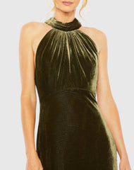 Green Halter Tie Front Slit Velvet Column Gown